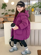 儿童紫色羽绒服中长款胖女童冬季公主风白鹅绒面包，服三防90绒外套