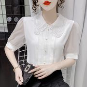 娃娃领雪纺白色衬衫女短袖2023夏季洋气，减龄小衫时尚超仙上衣