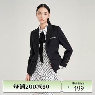 xg雪歌字母贴布设计休闲西装，2023秋季黑色，通勤长袖羊毛外套女