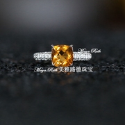 天然巴西黄水晶戒指公主方925纯银镀白金指环，招财送女友生日礼物