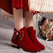 新娘红鞋婚鞋女冬季女中跟红色，婚靴加绒粗跟秀禾平底结婚靴子冬天