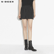 sdeer圣迪奥女装夏季时尚松紧撞色格纹休闲黑色高腰短裤S21280920