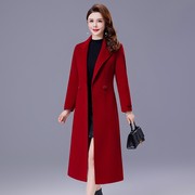 红色双面羊毛呢大衣女，长款过膝2023秋冬中年，妈妈双面羊绒外套