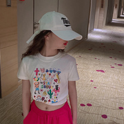 女童卡通短款短袖t恤2023夏季儿童，韩版修身涂鸦洋气百搭上衣