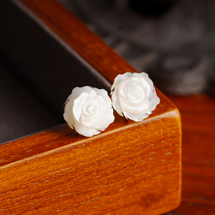 「添香」白玫瑰花天然母贝耳钉女纯银贝壳，耳饰高级感山茶花朵耳环