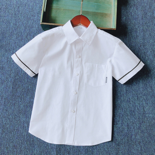 2024年夏季男童短袖白色衬衣袖口，黑色滚边衬衫，棉中大儿童校服