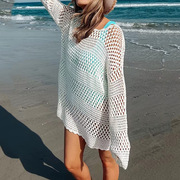 欧美亚马逊宽松沙滩罩衫 跨境外贸女装镂空针织罩衫喇叭袖沙滩裙