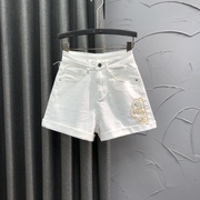 新中式国风白色高腰牛仔短裤女夏季洋气减龄刺绣A字卷边阔腿热裤