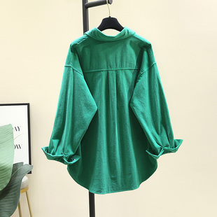 绿色加厚灯芯绒衬衫女外套，2023秋冬韩版宽松打底衬衣叠穿上衣