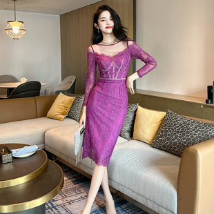 春夏法式长袖连衣裙女设计感紫色高腰修身显瘦名媛气质短裙子