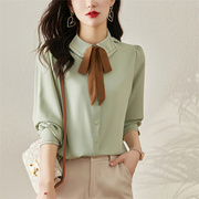 衬衫女长袖秋装2022绿色衬衣，韩版宽松洋气，雪纺衫女人味上衣