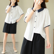 衬衫上衣女设计感2024年韩版通勤小香风拼色娃娃，领镂空短袖