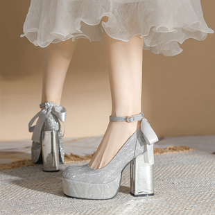 增高12cm小个子银色高跟鞋，粗跟法式玛丽珍婚鞋厚底，防水台法式单鞋
