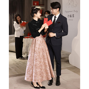 中式晚礼服丝绒高级感旗袍套装宴会主持人冬季年会订婚黑色连衣裙