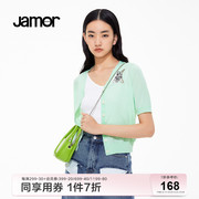 jamor淡绿薄款针织，开衫女夏季小猫图案，可爱俏皮短袖上衣