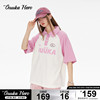 GUUKAHERO粉色插肩袖POLO衫女美式复古拼接重磅短袖T恤女宽松百搭
