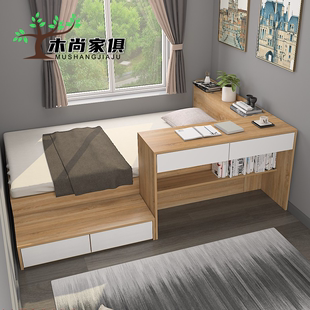 小户型榻榻米床定制实木，单人床书桌一体，儿童床柜组合多功能储物床