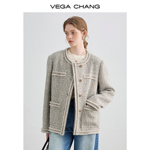 vegachang小香风，短外套女2024春秋法式复古羊毛呢子夹克上衣