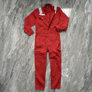 纯棉斜纹布外贸出口红色连体工装翻领，纽扣多口袋，直筒耐磨反光条