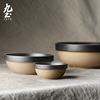 九土手工陶碗套装日式陶瓷碗汤碗面(汤碗面)碗，复古餐具家用钵碗土碗黑色碟
