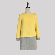 黄色拼接毛呢，单排扣休闲大衣，2023年女外套