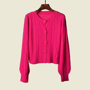 韩版麻花镂空针织开衫外套，春季外搭玫，红色毛衣单排扣长袖