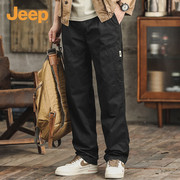 jeep吉普工装裤子男士，春秋季美式直筒，高密斜布黑色休闲长裤男
