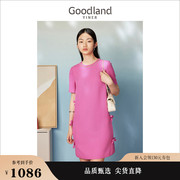 Goodland美地女装2023夏季小香风玫红蝴蝶结直筒H型连衣裙