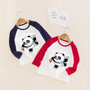 熊猫衣服儿童长袖t恤宝宝，春秋款纯棉打底衫，上衣男童卡通图案童装