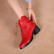 红色短靴女真皮2023秋冬季中粗跟单靴子加绒绑带圆头时尚马丁靴女
