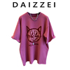 DAIZZEI~可爱减龄植绒猫咪短袖小衫T恤上衣女宽松休闲潮2023春夏