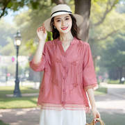 新中式夏季妈妈棉麻T恤衬衫七分袖中老年人女装中袖纯棉休闲上衣