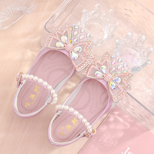 儿童蝴蝶结公主鞋甜美粉色小女孩水钻单鞋闪亮银色女童水晶高跟鞋