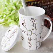 创意家用骨瓷杯子简约马克杯，陶瓷女水杯，带盖带勺咖啡杯喝水奶茶杯