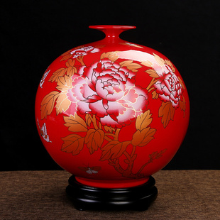 德化中国红陶瓷摆件花瓶富贵红天地方圆纯红瓶瓷器花瓶家居