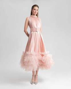 粉色礼服裙法式设计感层层荷叶边网纱拼接无袖气质蓬蓬连衣裙长裙