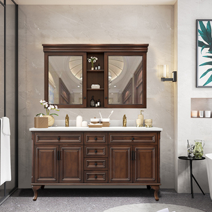 美式橡木浴室柜组合双盆落地卫生间实木洗脸盆柜洗手盆卫浴柜智能