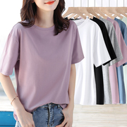 紫色短袖t恤女2024夏季宽松显瘦休闲圆领纯色纯棉上衣打底衫