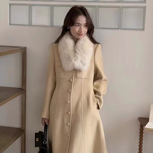 2024韩国东大门冬季双面羊毛大衣，狐狸毛领气质高级长款羊毛呢外套