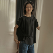无谓韩式文艺2024年夏季女装宽松蝙蝠袖圆领T恤设计感上衣女