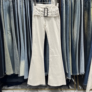 美式复古腰带装饰水洗白色微喇牛仔裤女2023秋季修身显瘦长裤