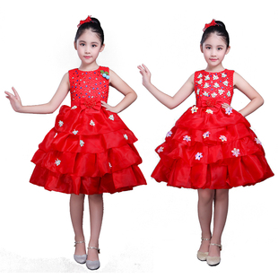 儿童红色无袖连衣裙主持合唱服舞台表演服蓬蓬裙幼儿园学生演