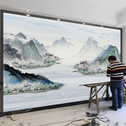 新中式梦幻水墨山水意境，画墙纸壁画客厅，电视背景墙壁纸影视墙布