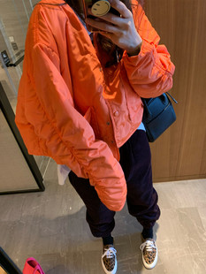 韩国2023秋冬季橙色短款薄款洋气军绿色棉服棉衣外套