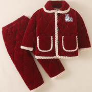 冬季法兰绒儿童睡衣加厚家居服，套装男童小女孩三层夹棉加绒珊瑚绒