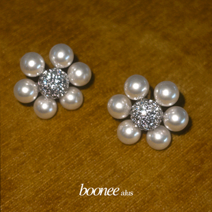 booneealus原创精致复古珍珠花朵，耳钉气质925银针耳饰时尚耳环