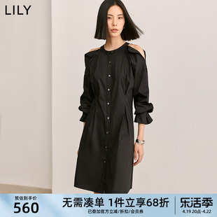 LILY2024夏女装气质通勤款时尚设计感露肩收腰连衣裙小黑裙女