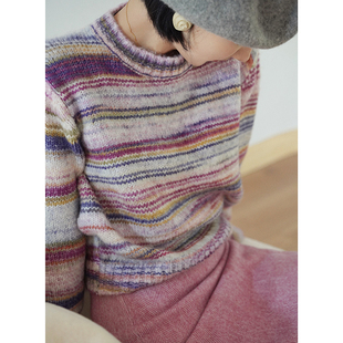 Ching's 法式复古粉虹条纹保暖羊毛混纺毛衣 条纹宽松套头针织衫