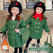 女童棉服冬装中长款2023儿童军大衣加绒加厚外套女绿棉衣
