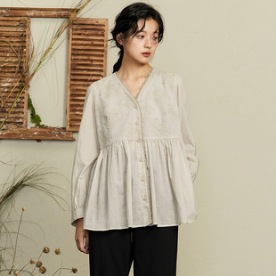talasa设计感小众棉衬衫，女2023秋蕾丝，拼接时尚宽松国风娃娃衫